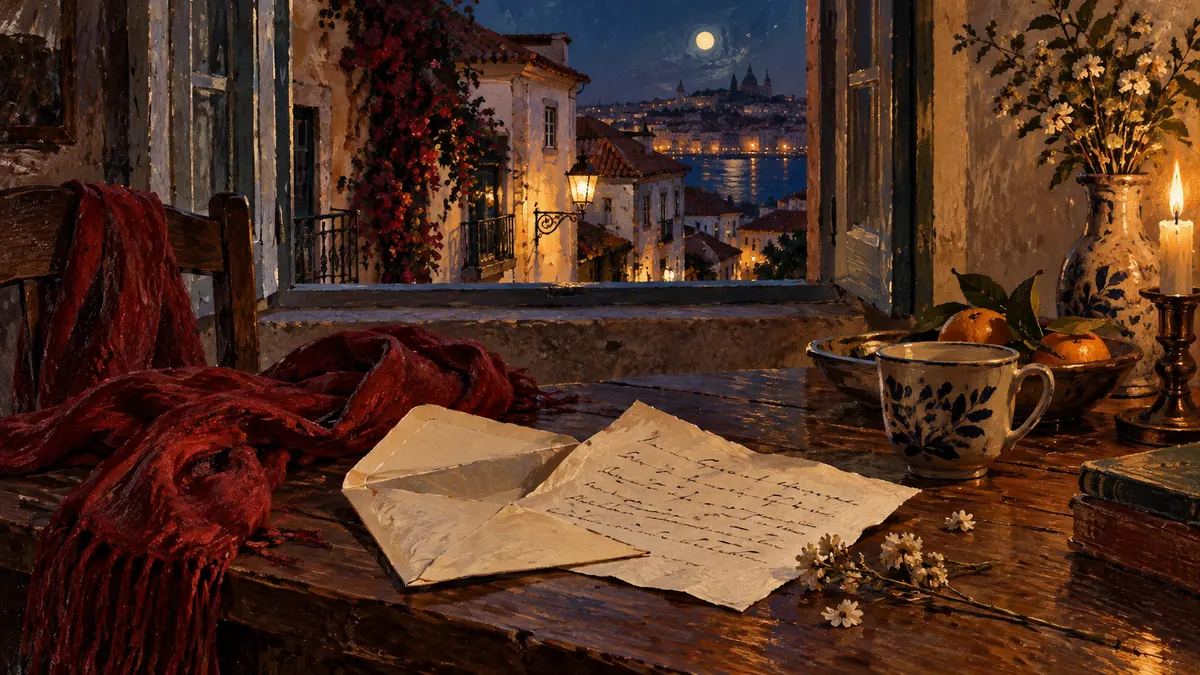 Uma carta aberta sobre a mesa junto a uma janela, com luz de fim de tarde.