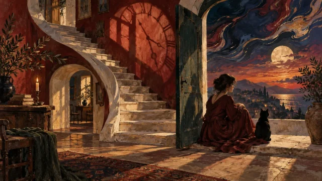 Mulher adulta e um gato numa casa imaginária, com relógios e tinta marmoreada.