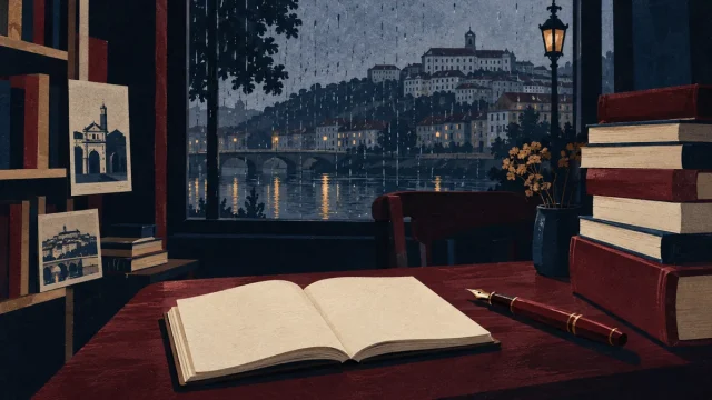 Caderno aberto numa mesa de livraria em Coimbra