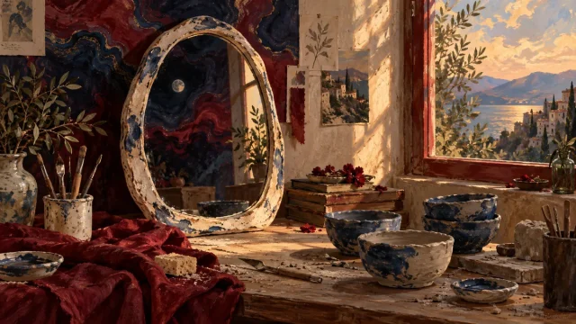 Espelho e peças de cerâmica num atelier, com luz quente e apontamentos vermelhos.