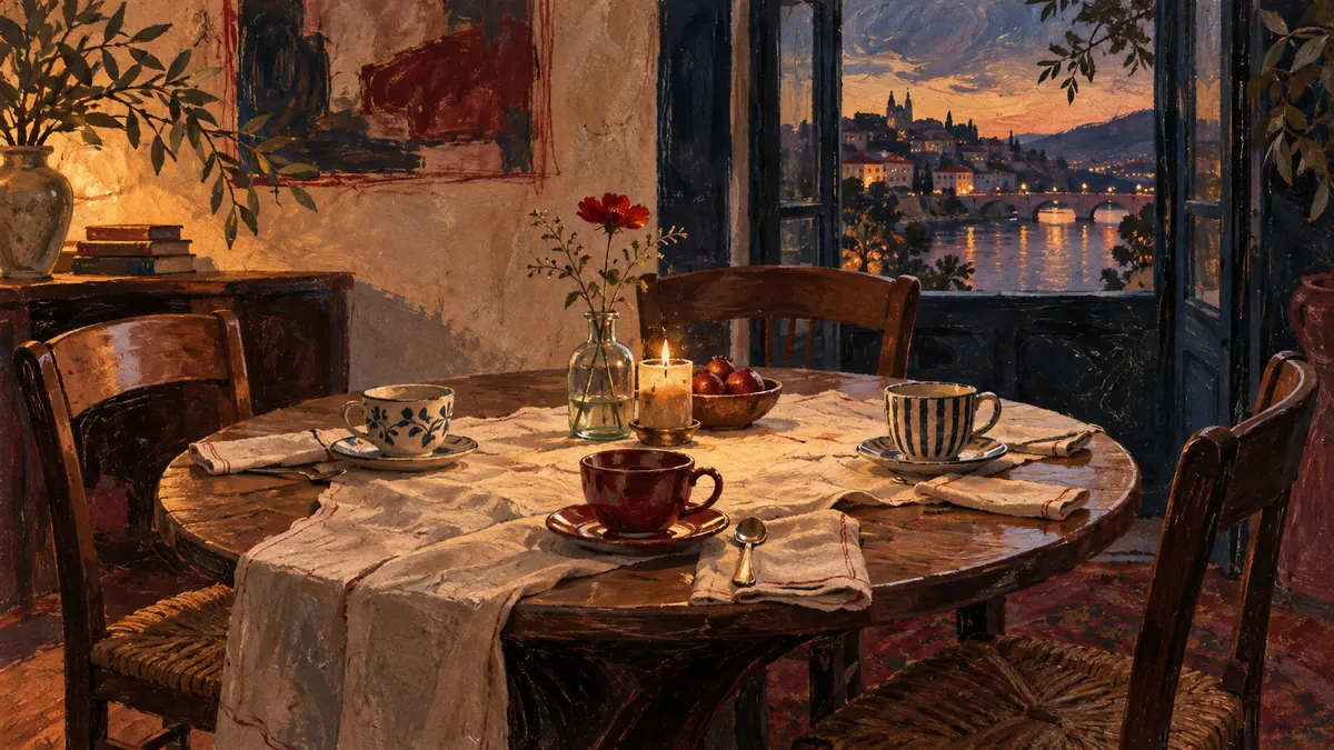 Mesa com três lugares num interior acolhedor, em tons de vermelho e âmbar.