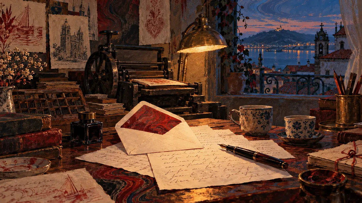 Cartas e envelopes numa oficina iluminada por uma luz quente, com apontamentos de tinta vermelha.