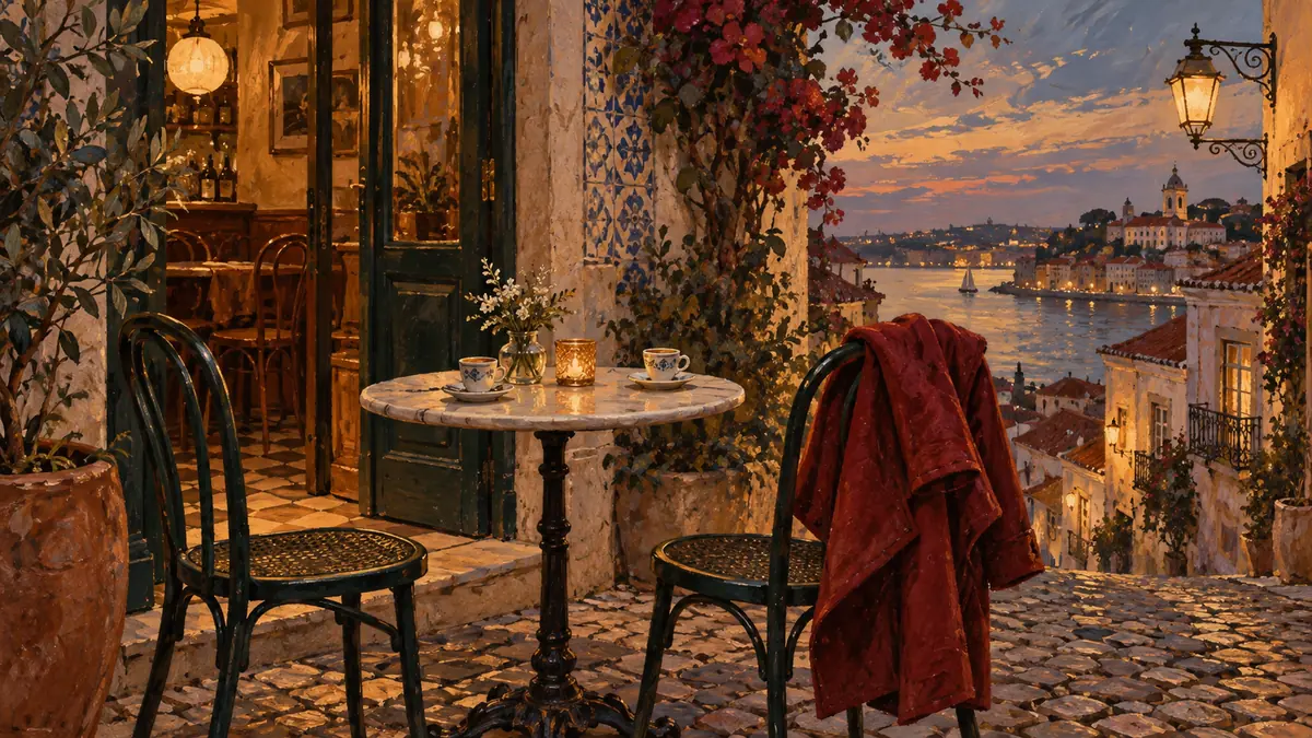 Casaco vermelho junto a uma mesa de café à janela, numa pintura em tons de meia-noite.