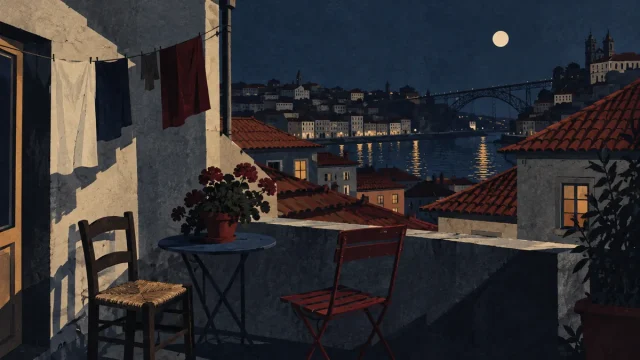 Varanda sobre os telhados do Porto com duas cadeiras