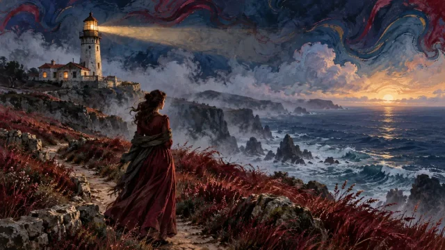 Mulher adulta junto a um farol antes do amanhecer, com mar e luz vermelha ao fundo.
