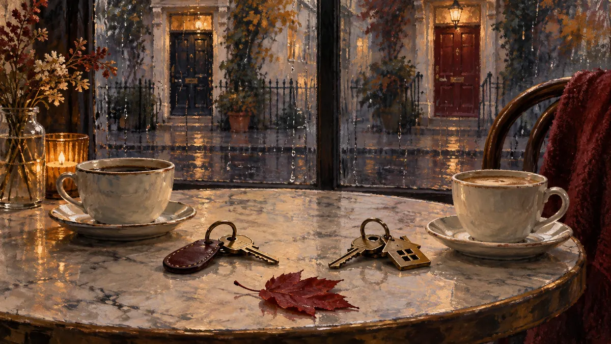 Chaves e duas chávenas sobre uma mesa junto a uma janela de outono.