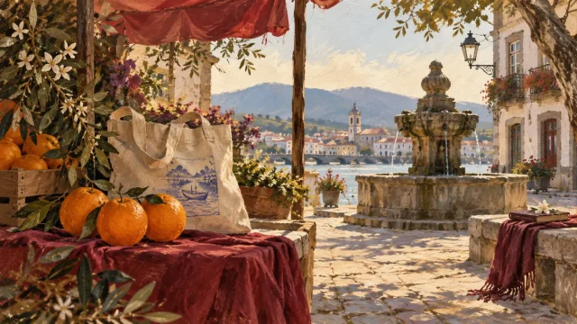 Banca de mercado com laranjas numa praça de Caminha, junto a um chafariz e com o rio ao fundo.