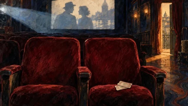 Dois lugares num cinema, com bilhetes e uma luz quente entre tons vermelhos e azuis.