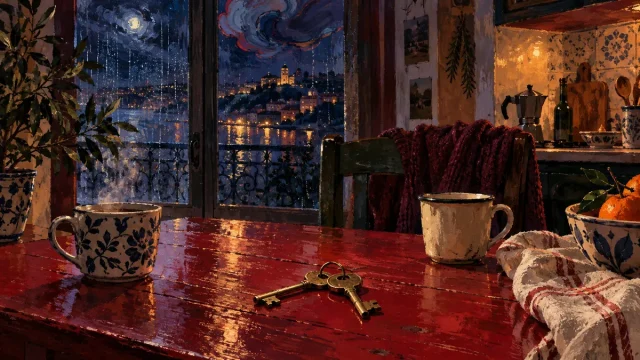 Duas chaves e duas chávenas sobre uma mesa vermelha, junto a uma janela com chuva.