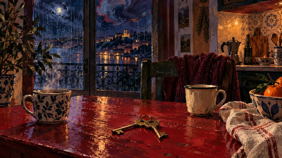Duas chaves e duas chávenas sobre uma mesa vermelha, junto a uma janela com chuva.