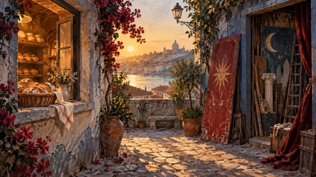 Pátio entre duas janelas, com uma parede desenhada e luz quente ao anoitecer.