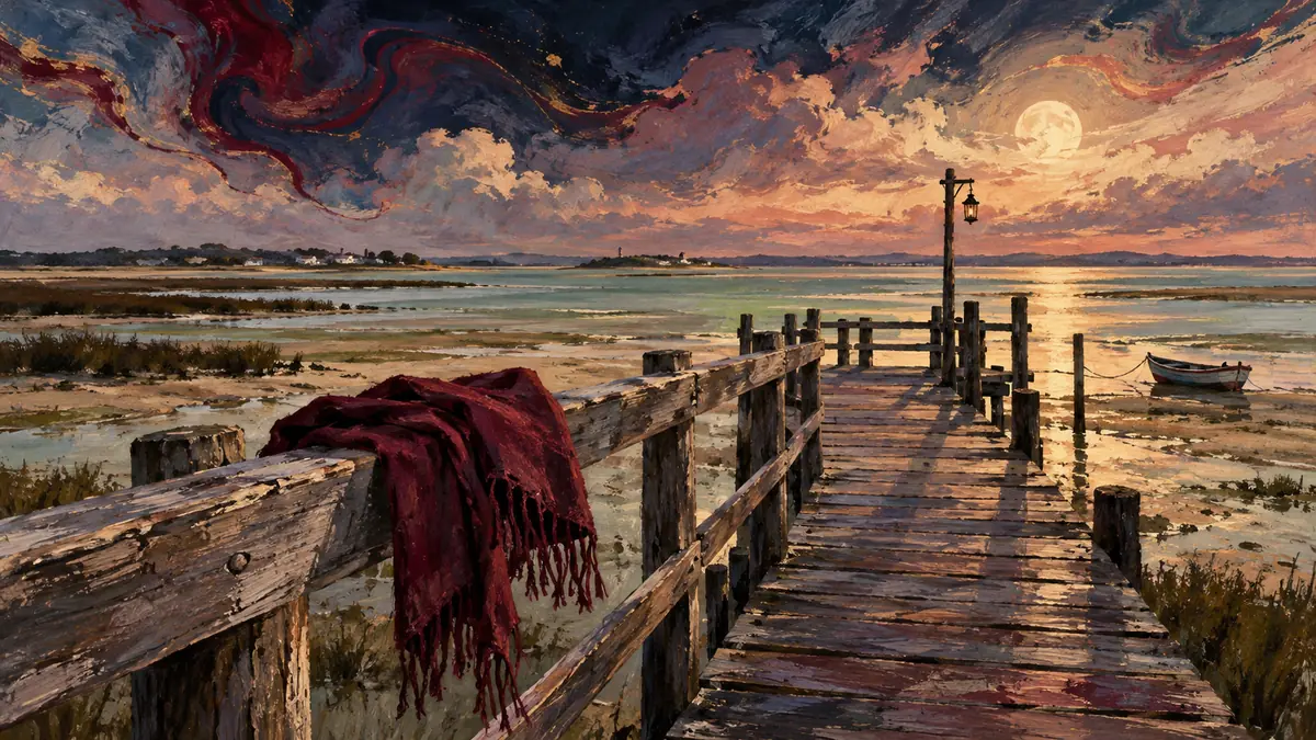 Cais de madeira na Ria Formosa, com água tranquila e um lenço vermelho.