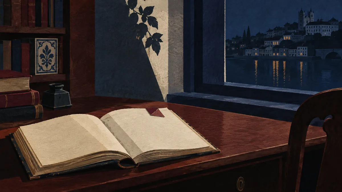 Livro aberto com um marcador numa biblioteca