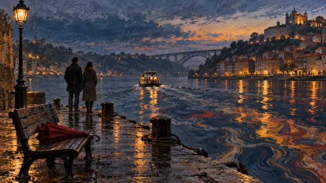 Cais molhado pela chuva, com reflexos de luz vermelha sobre a água ao anoitecer.