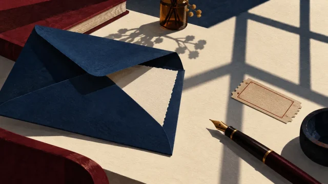 Envelope azul aberto sobre uma mesa de escrita