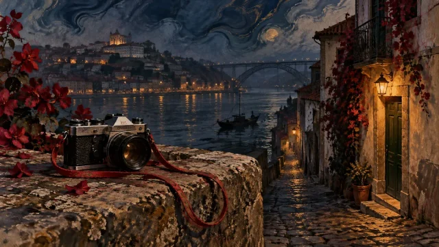 Máquina fotográfica sobre um muro de pedra, com o rio e a cidade ao anoitecer.