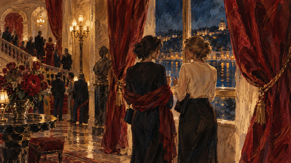 Duas pessoas adultas junto à janela de uma sala de concertos, entre cortinas vermelhas e luz de candelabros.