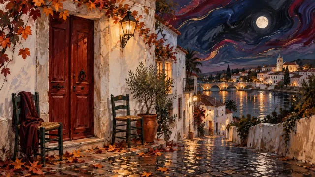 Rua tranquila de Tavira no inverno, com uma varanda e um vaso de alecrim.