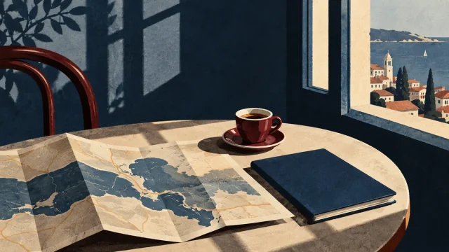 Mapa dobrado e uma chávena de café sobre uma mesa