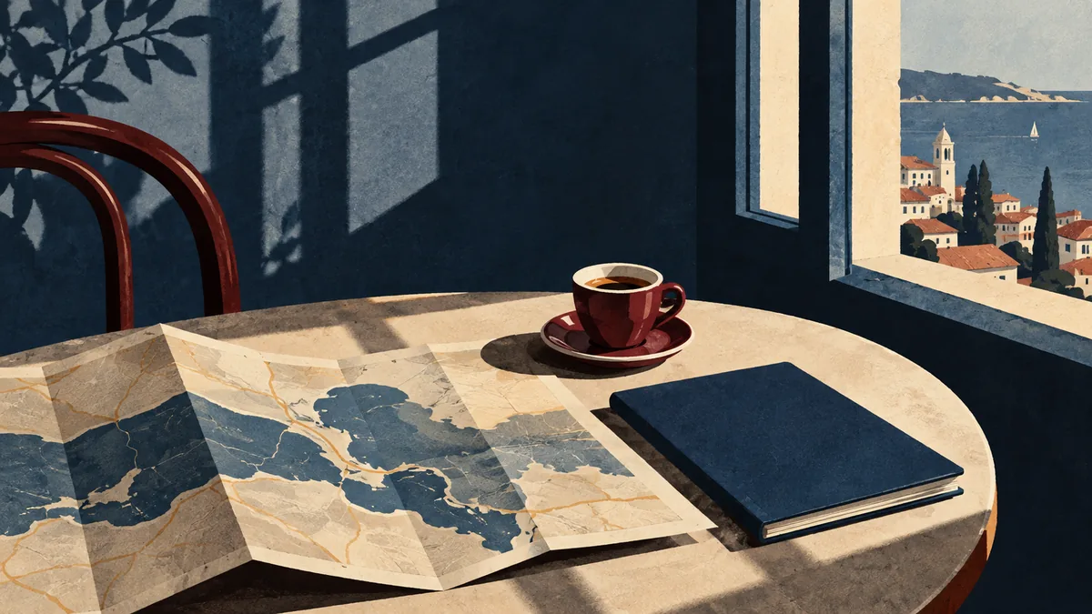 Mapa dobrado e uma chávena de café sobre uma mesa
