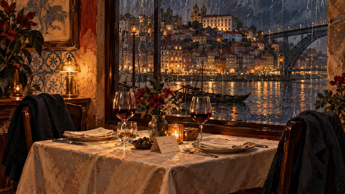 Mesa preparada junto a uma janela, com duas cadeiras e reflexos noturnos do Porto.