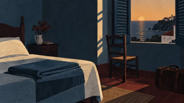 Quarto de uma pensão com luz de fim de tarde