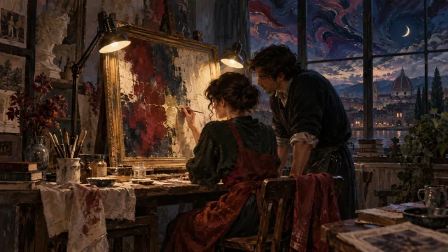 Duas mulheres adultas numa oficina de restauro, junto a uma pintura e uma janela.