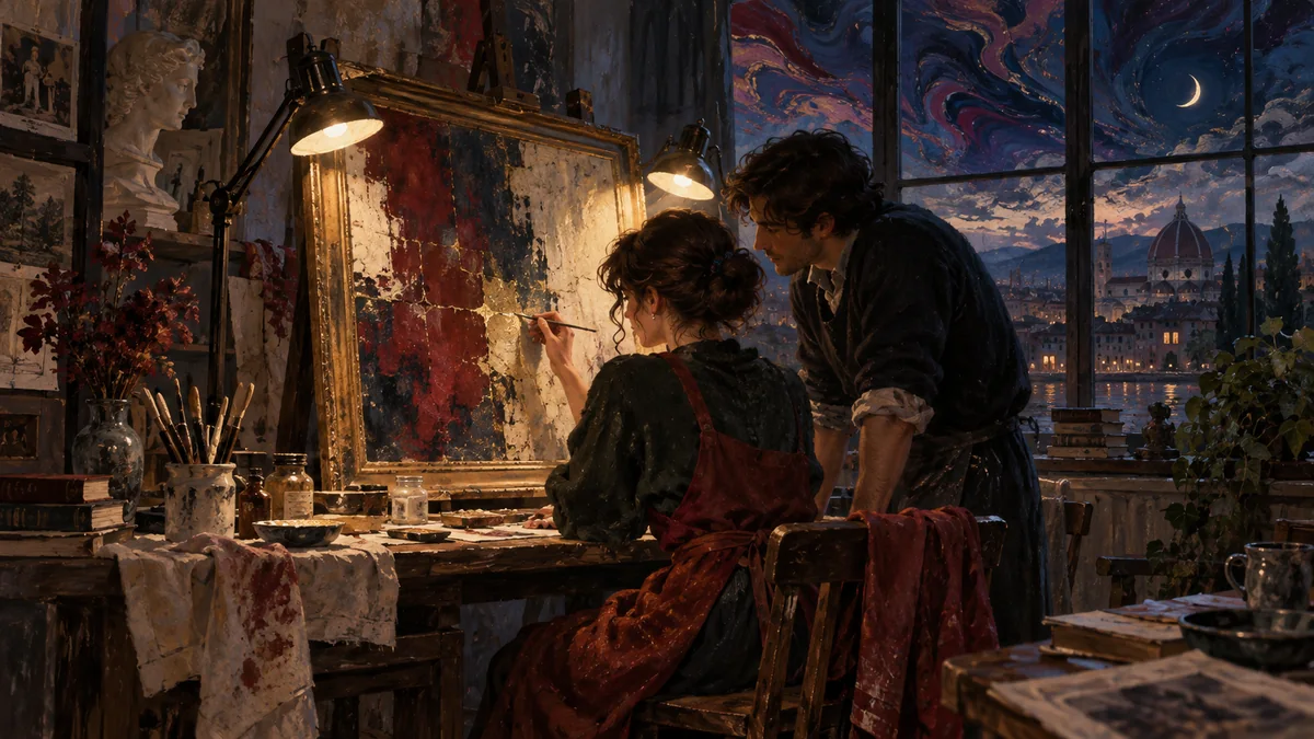 Duas mulheres adultas numa oficina de restauro, junto a uma pintura e uma janela.