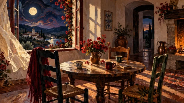 Três lugares à mesa num interior acolhedor, em tons de âmbar e bordô.