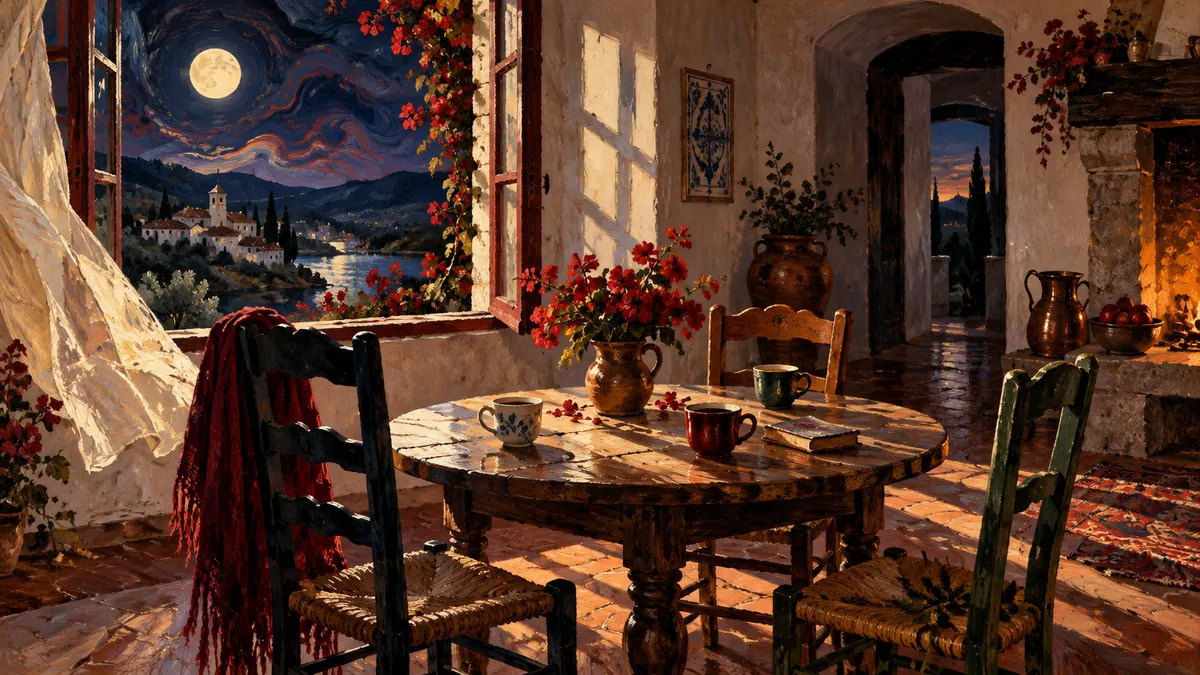 Três lugares à mesa num interior acolhedor, em tons de âmbar e bordô.