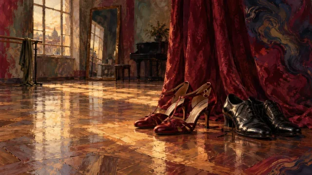 Sapatos de dança num espaço de ensaio, com reflexos vermelhos e luz âmbar.