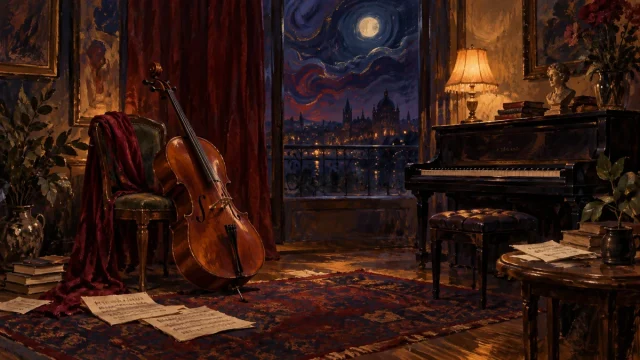 Instrumentos musicais e cadeiras numa sala de ensaio, com luz de fim de tarde.