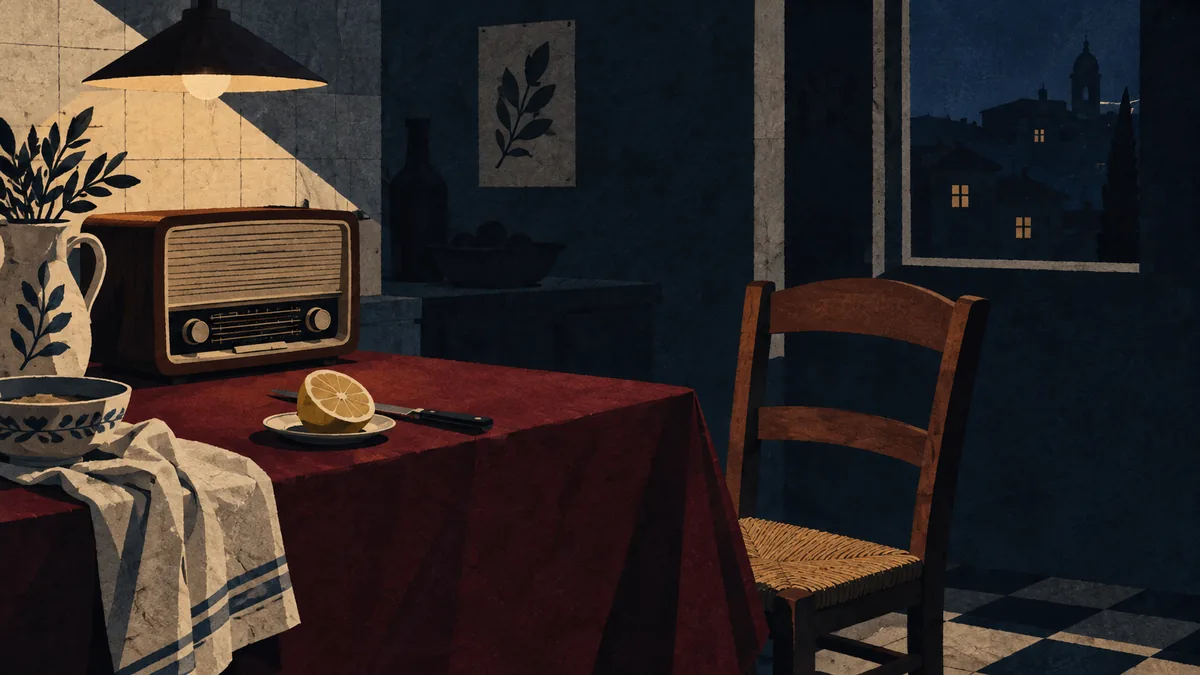 Rádio e uma mesa de cozinha sob a luz de um candeeiro