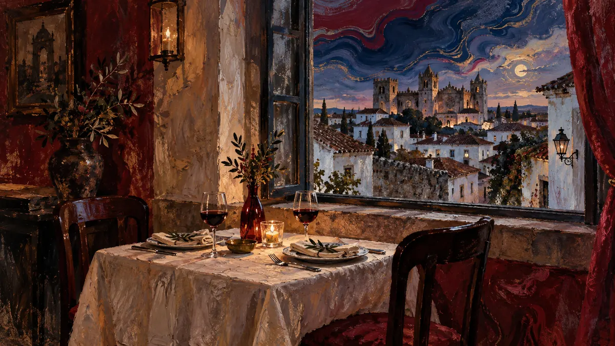 Mesa para duas pessoas junto a uma janela em Évora, numa pintura noturna.